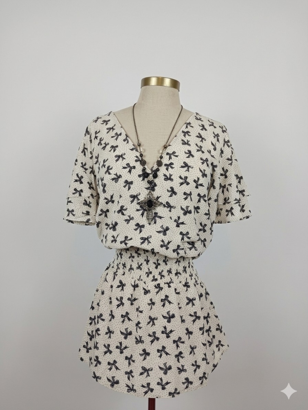 Sweet Rain White and Black Bow-Print Blouse